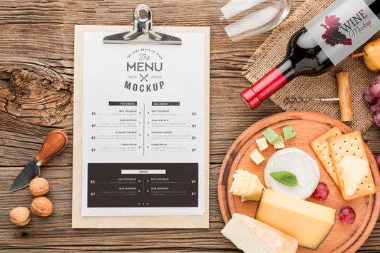 Free Top View Of Notepad With Assortment Of Locally Grown Cheese And Wine Psd