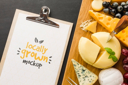 Free Top View Of Notepad With Assortment Of Locally Grown Cheese Mock-Up Psd
