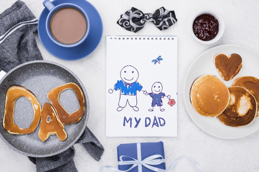 Free Top View Of Notepad With Pancakes And Coffee For Fathers Day Psd