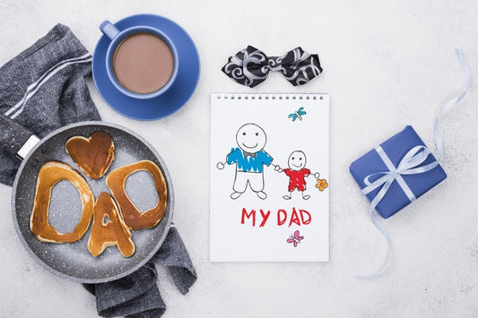 Free Top View Of Notepad With Pancakes On Pan And Coffee For Fathers Day Psd