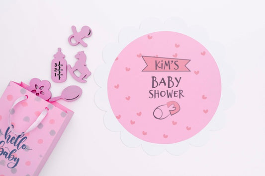 Free Top View Of Pink Baby Shower Decor With Gift Bag Psd