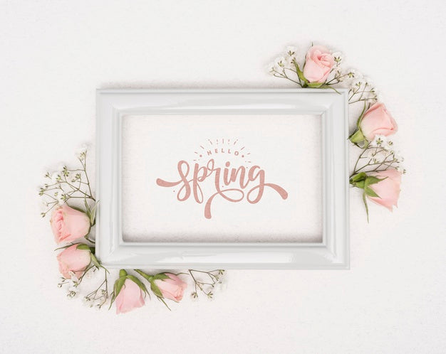 Free Top View Of Pink Spring Roses With Frame Psd