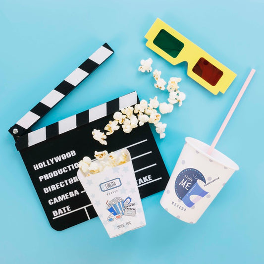 Free Top View Of Popcorn Cup Soda And Glasses For Cinema Psd