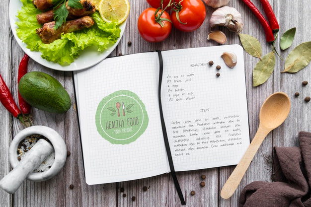 Free Top View Of Recipe Book With Ingredients Psd