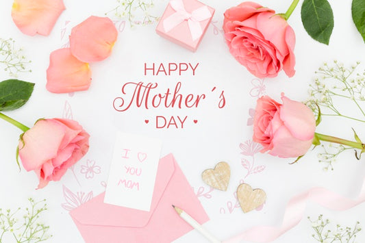 Free Top View Of Roses With Gift And Envelope For Mother'S Day Psd