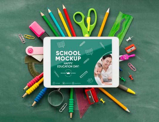 Free Top View Of School Essentials And Tablet For Education Day Psd