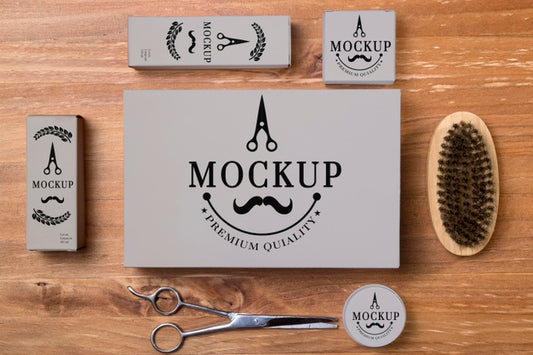 Free Top View Of Set Of Beard Care Products With Scissors Psd