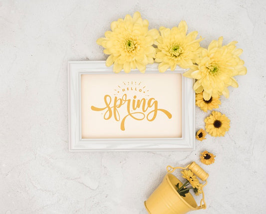 Free Top View Of Spring Gerbera With Bucket And Frame Psd