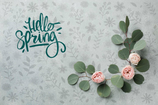 Free Top View Of Spring Roses With Leaves Psd