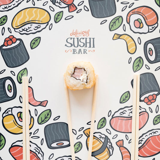 Free Top View Of Sushi And Chopsticks On Colorful Background Psd