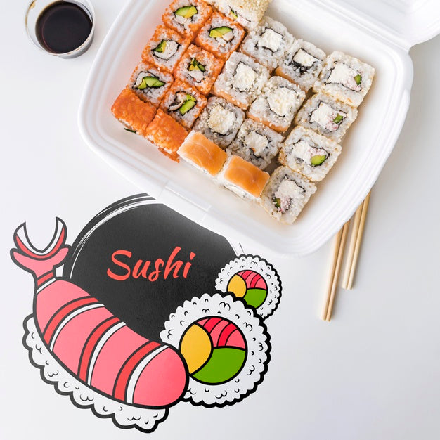 Free Top View Of Sushi On Table With Soy Sauce Psd