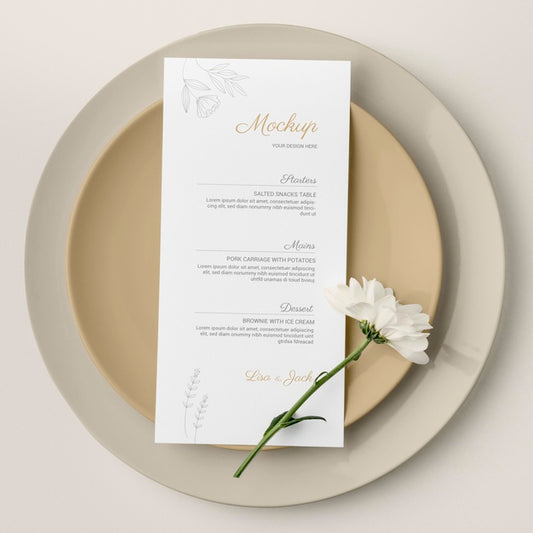 Free Top View Of Table Arrangement With Spring Flower And Menu Mock-Up On Plates Psd