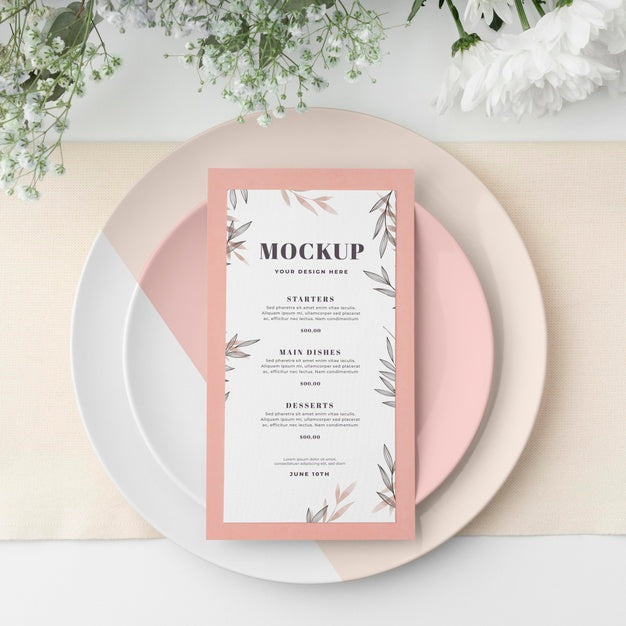Free Top View Of Table Arrangement With Spring Menu Mock-Up And Blooming Flowers Psd