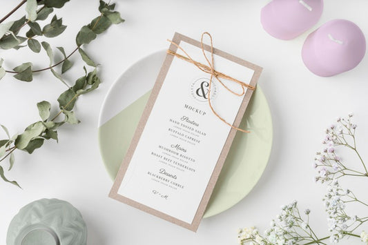 Free Top View Of Table Arrangement With Spring Menu Mock-Up And Candles Psd