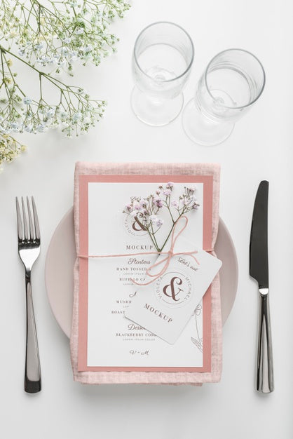 Free Top View Of Table Arrangement With Spring Menu Mock-Up And Cutlery Psd