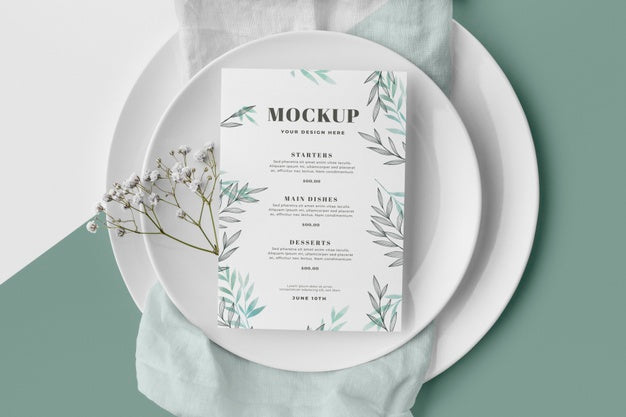 Free Top View Of Table Arrangement With Spring Menu Mock-Up And Plates Psd