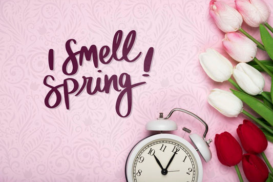 Free Top View Of Tulips And Clock Psd