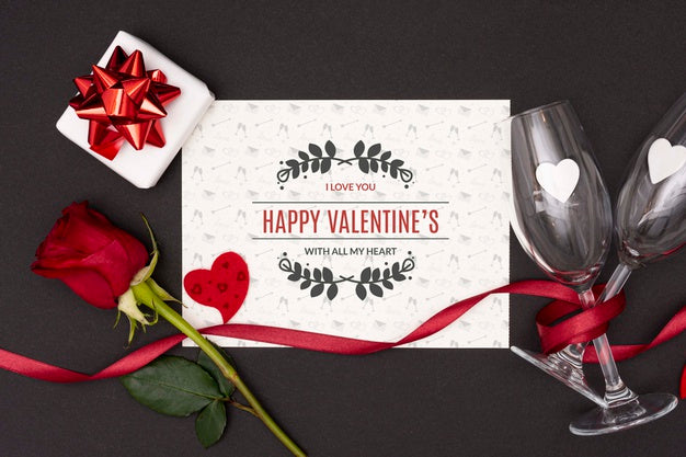 Free Top View Of Valentine'S Day Concept With Rose And Champagne Glass Psd