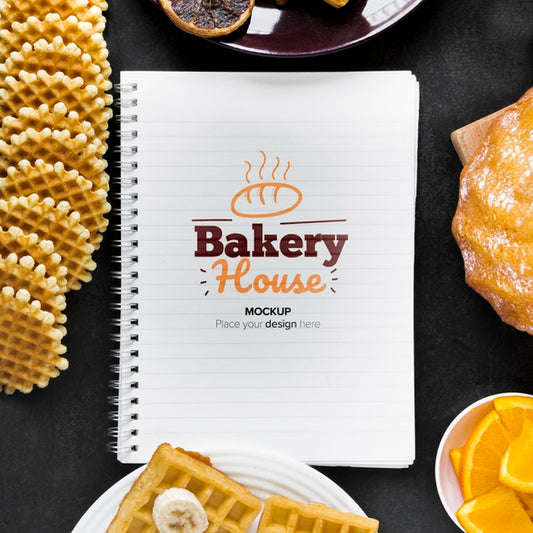 Free Top View Of Waffles And Donuts With Notebook Psd