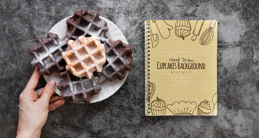Free Top View Of Waffles On Plate With Notebook Psd