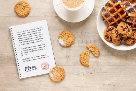Free Top View Of Waffles With Cookies And Notebook Psd
