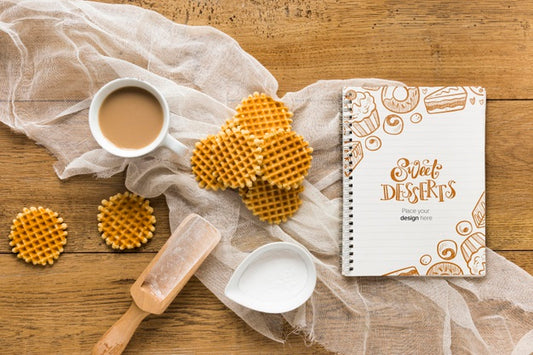 Free Top View Of Waffles With Scoop And Coffee Psd