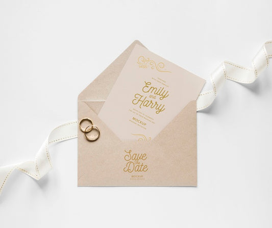 Free Top View Of Wedding Card With Envelope And Rings Psd