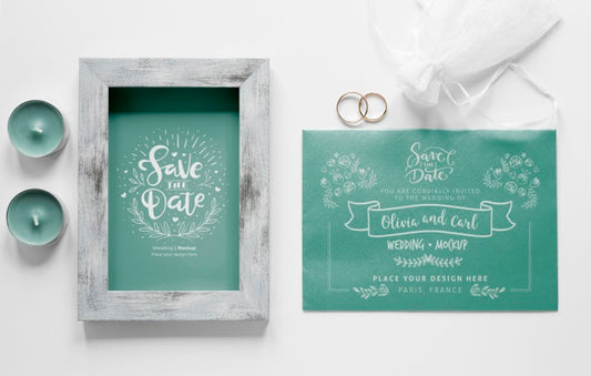 Free Top View Of Wedding Card With Frame And Candles Psd