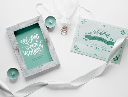 Free Top View Of Wedding Card With Frame And Ribbon Psd