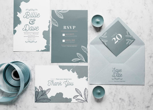Free Top View Of Wedding Cards With Envelope And Candles Psd