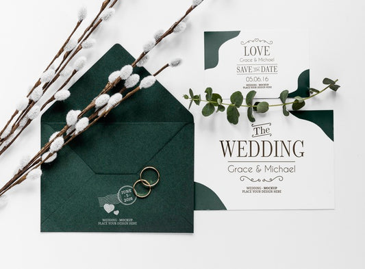 Free Top View Of Wedding Cards With Envelope And Rings Psd