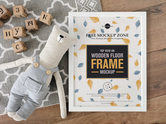 Free Top View On Wooden Floor Frame Mockup