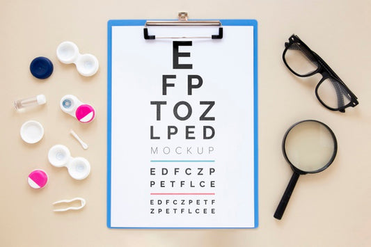 Free Top View Optics Still Life Composition With Clipboard Mock-Up Psd