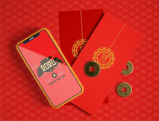 Free Top View Phone Mock-Up And Chinese Greeting Cards Psd