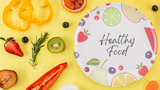 Free Top View Plate With Fruit And Veggies Psd