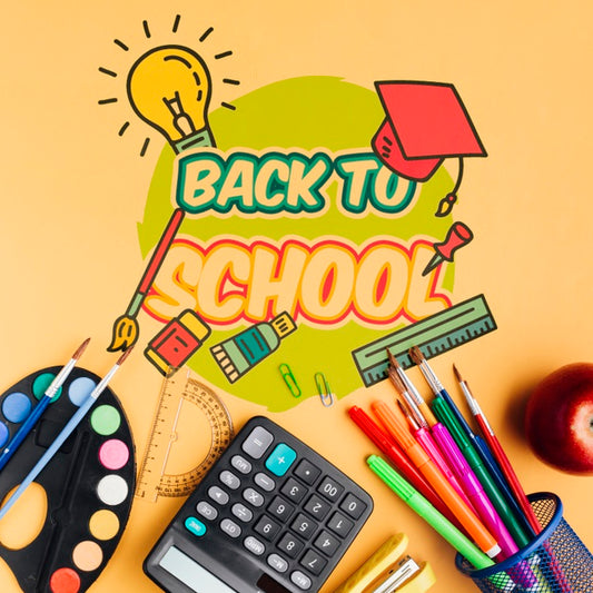 Free Top View School Supplies With Orange Background Psd
