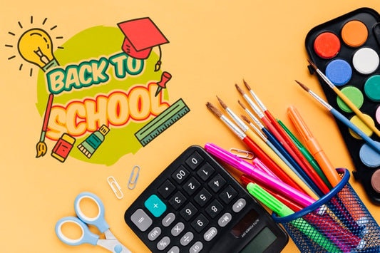 Free Top View School Supplies With Orange Background Psd