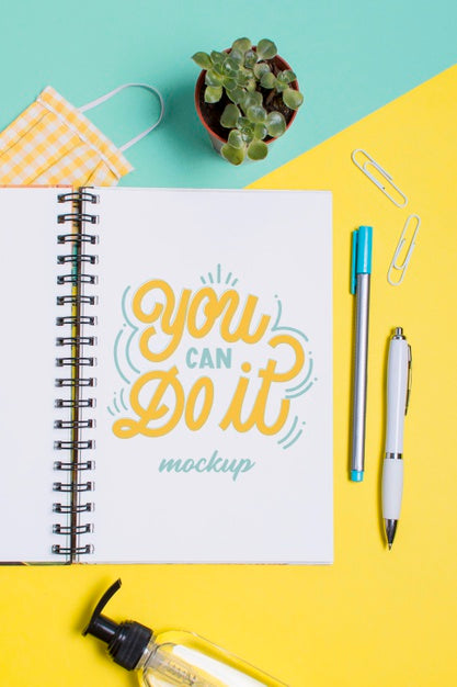 Free Top View School Supplies With Pens And Medical Mask Psd