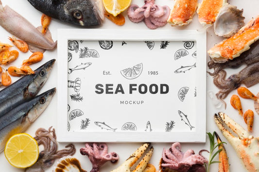Free Top View Sea Food Arrangement With Frame Mock-Up Psd