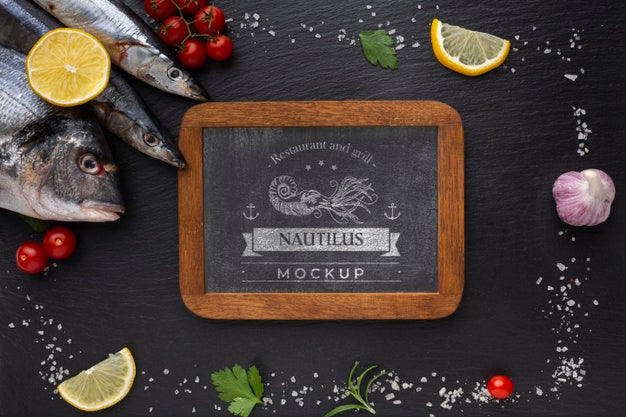 Free Top View Sea Food Assortment With Blackboard Mock-Up Psd