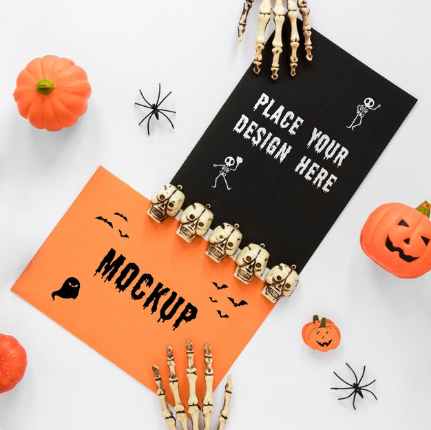 Free Top View Skulls And Pumpkins Arrangement Psd