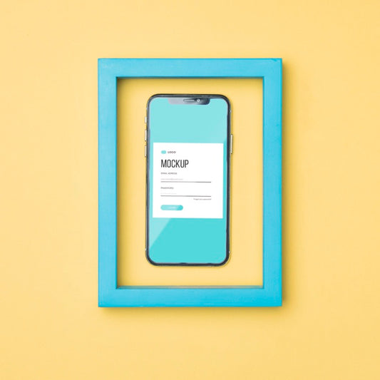 Free Top View Smartphone In A Blue Frame Mock-Up Psd