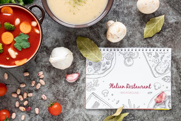 Free Top View Soup With Assortment Of Ingredients And Notepad Mock-Up Psd