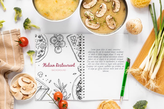 Free Top View Soup With Assortment Of Ingredients And Recipe Mock-Up Psd