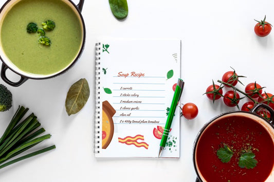 Free Top View Soup With Composition Of Ingredients And Recipe Mock-Up Psd