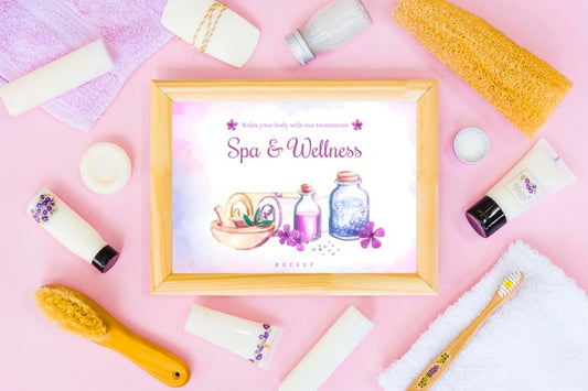 Free Top View Spa And Wellness Arrangement With Frame Mock-Up Psd