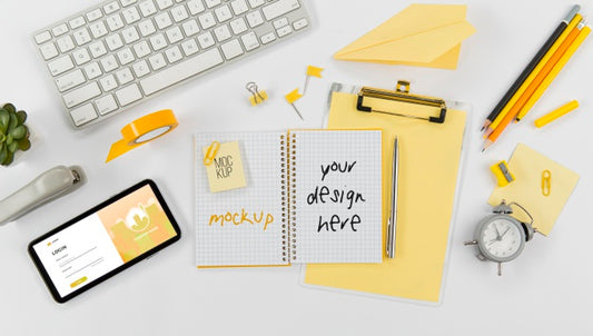 Free Top View Stationery Minimal Concept With Mock-Up Psd