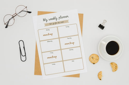 Free Top View Stationery Mock-Up With Coffee Psd