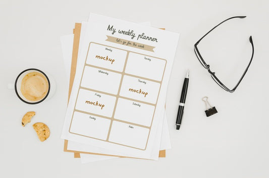 Free Top View Stationery Mock-Up With Reading Glasses Psd
