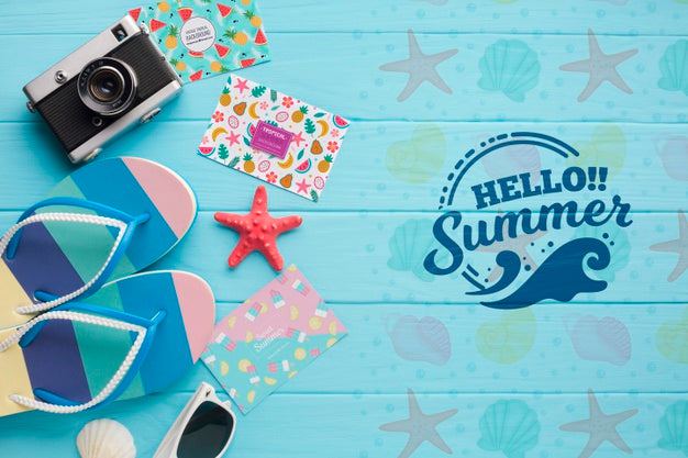 Free Top View Summer Flip Flops With Camera On The Table Psd